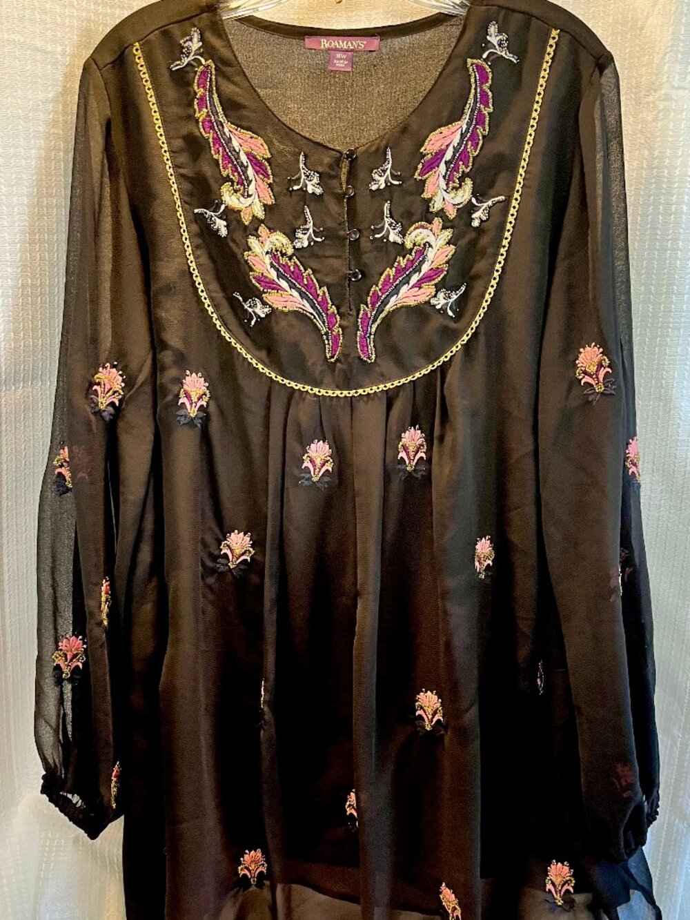 Roaman's Embroidered and Beaded Boho Tunic Top size 18 W NWOT